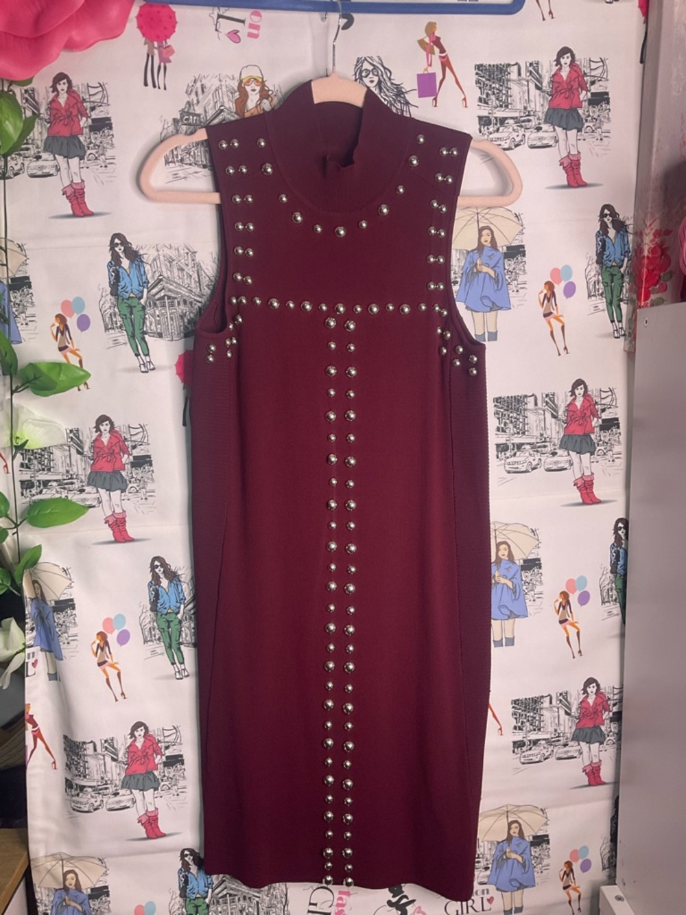 Sleeveless Studded Mock-Neck Bodycon Dress - Burgundy